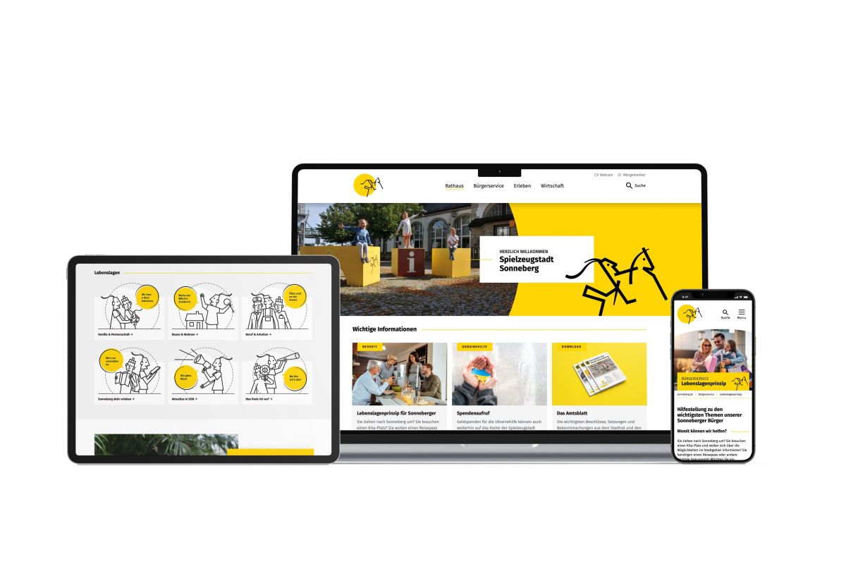 Eine Grafik zeigt die neue Webseite der Stadt Sonneberg auf Tablet, Laptop und Smartphone.