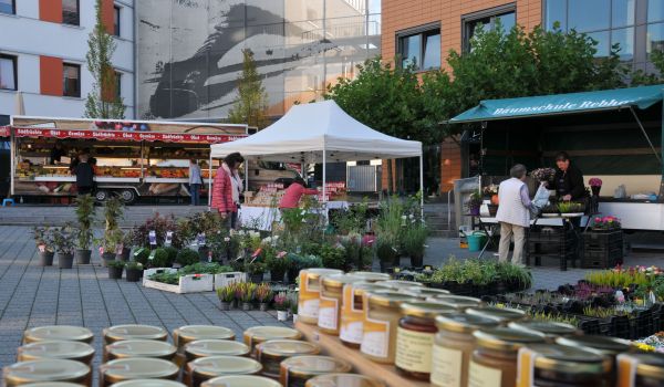 Verschiedene Marktstände mit Blumen, Obst und Honig.