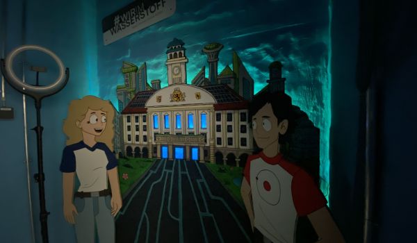 Ein catroon-artiges Bild des Rathaus Sonneberg wird von hinten beleuchtet.