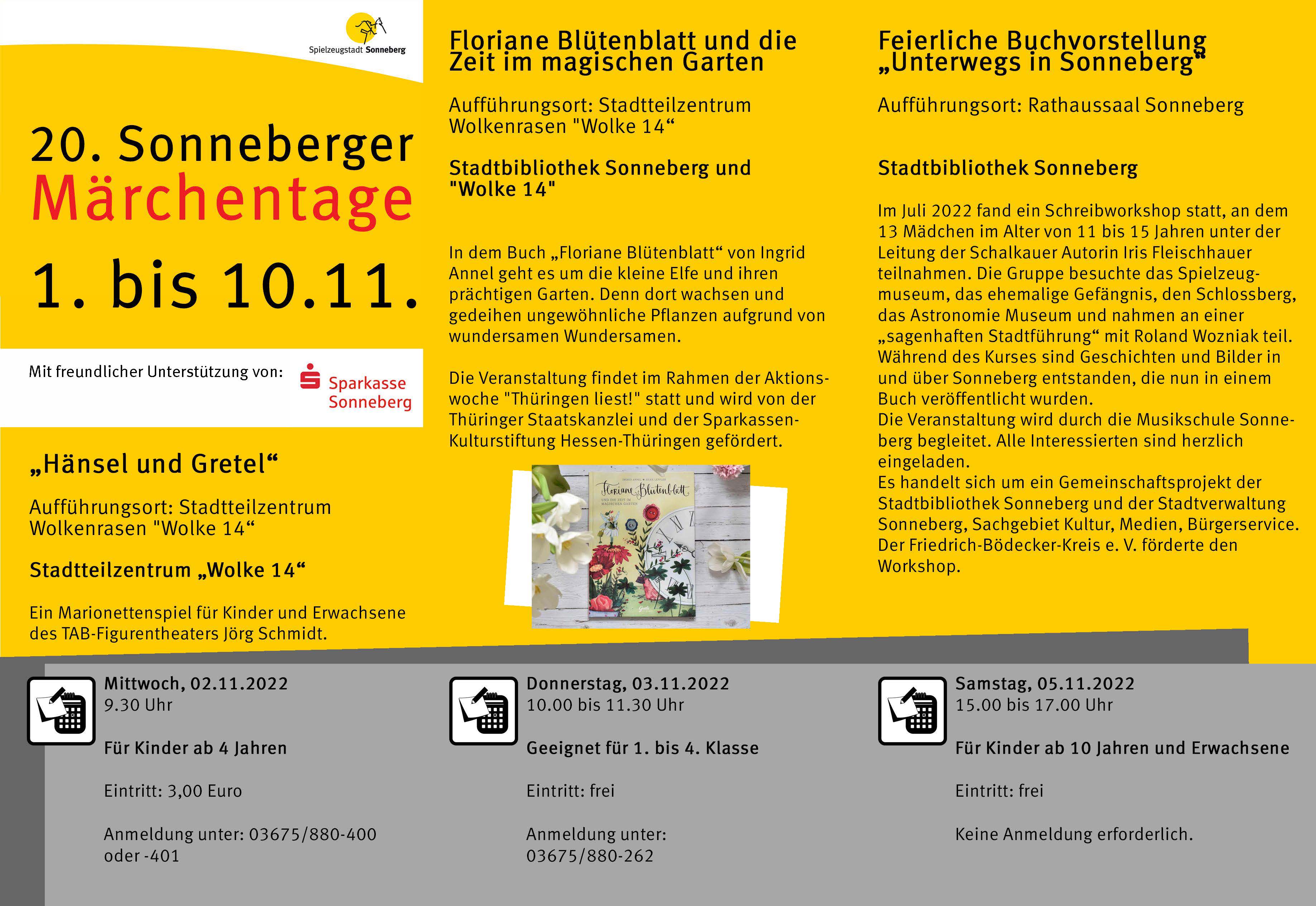 Eine gelbe Broschüre mit Informationen zu den 20. Sonneberger Märchentagen. Seite 1