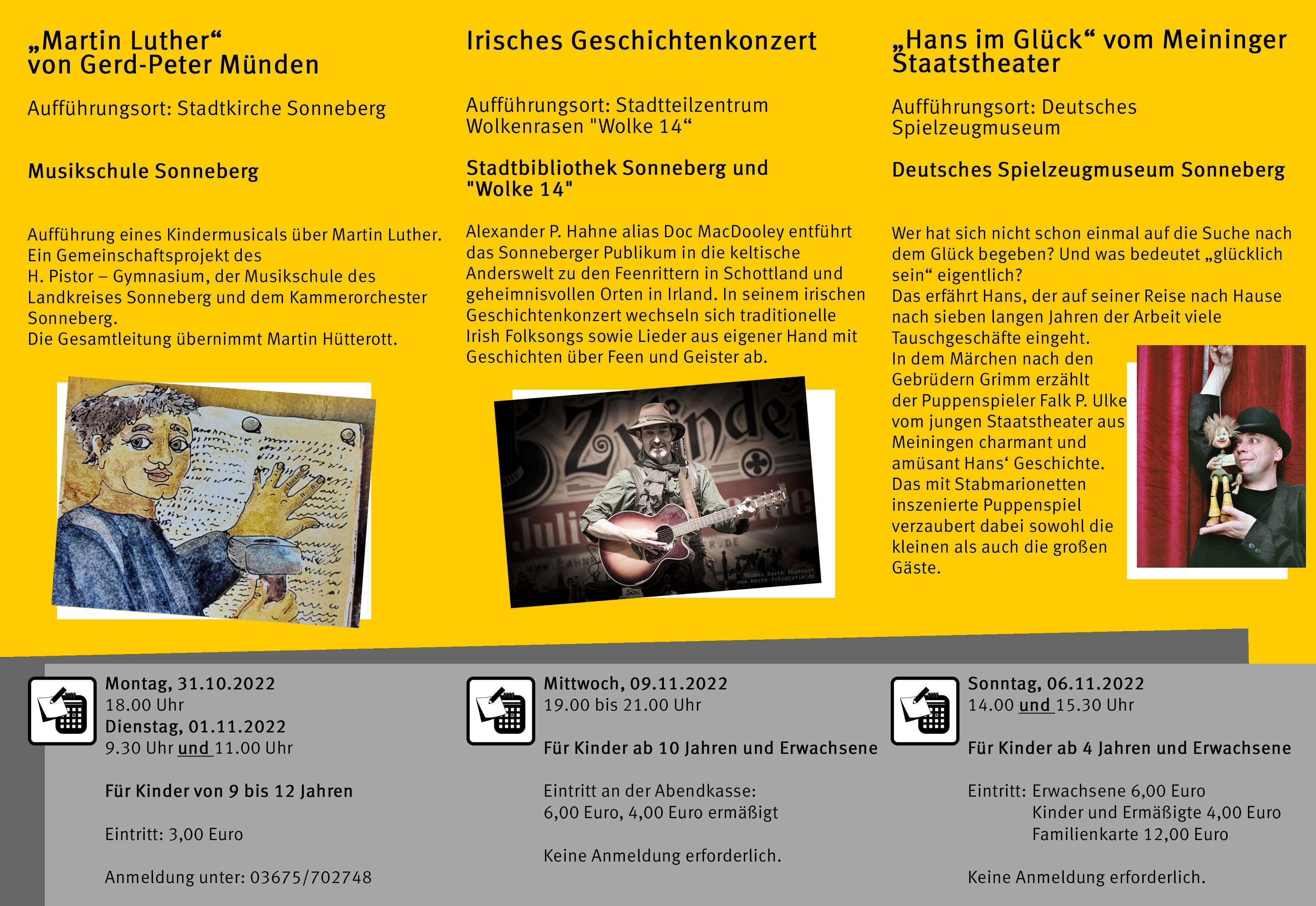 Eine gelbe Broschüre mit Informationen zu den 20. Sonneberger Märchentagen. Seite 2