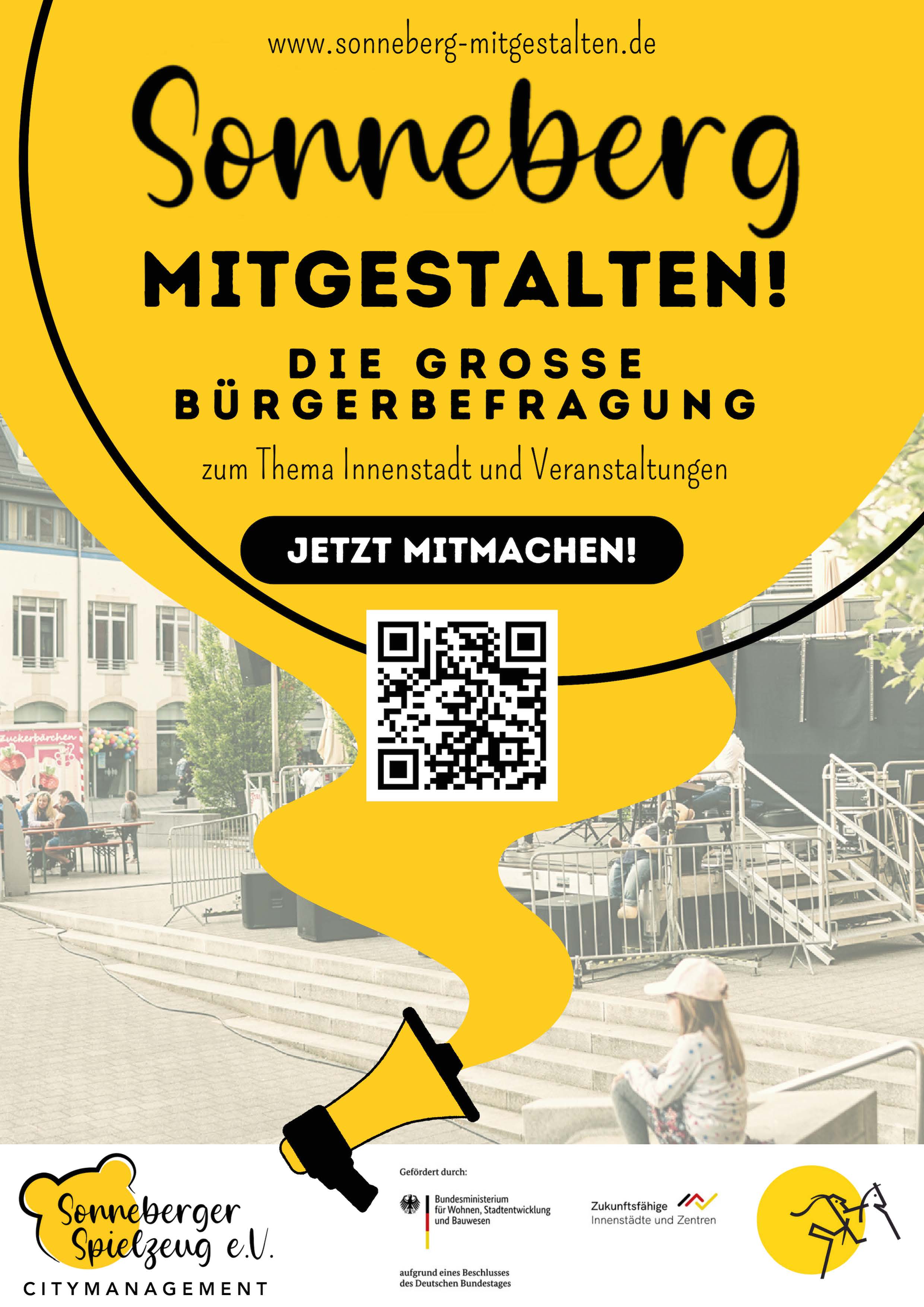 Eine gelbe Grafik mit der Aufschrift: Sonneberg mitgestalten. Die große Bürgerbefragung zum Thema Innenstadt und Veranstaltungen.