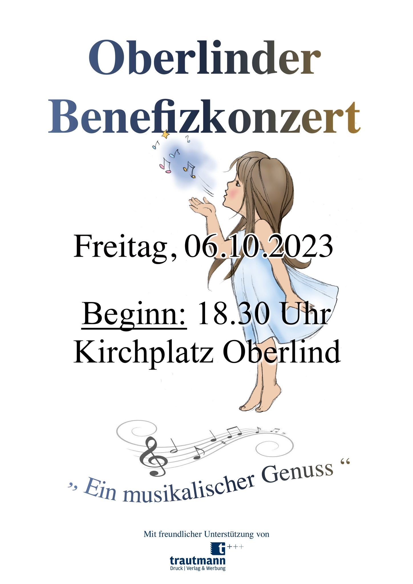 Eine weiße Grafik mit der Aufschrift: Oberlinder Benefizkonzert, Freitag 06.10.2023, Ein musikalischer Genuss.