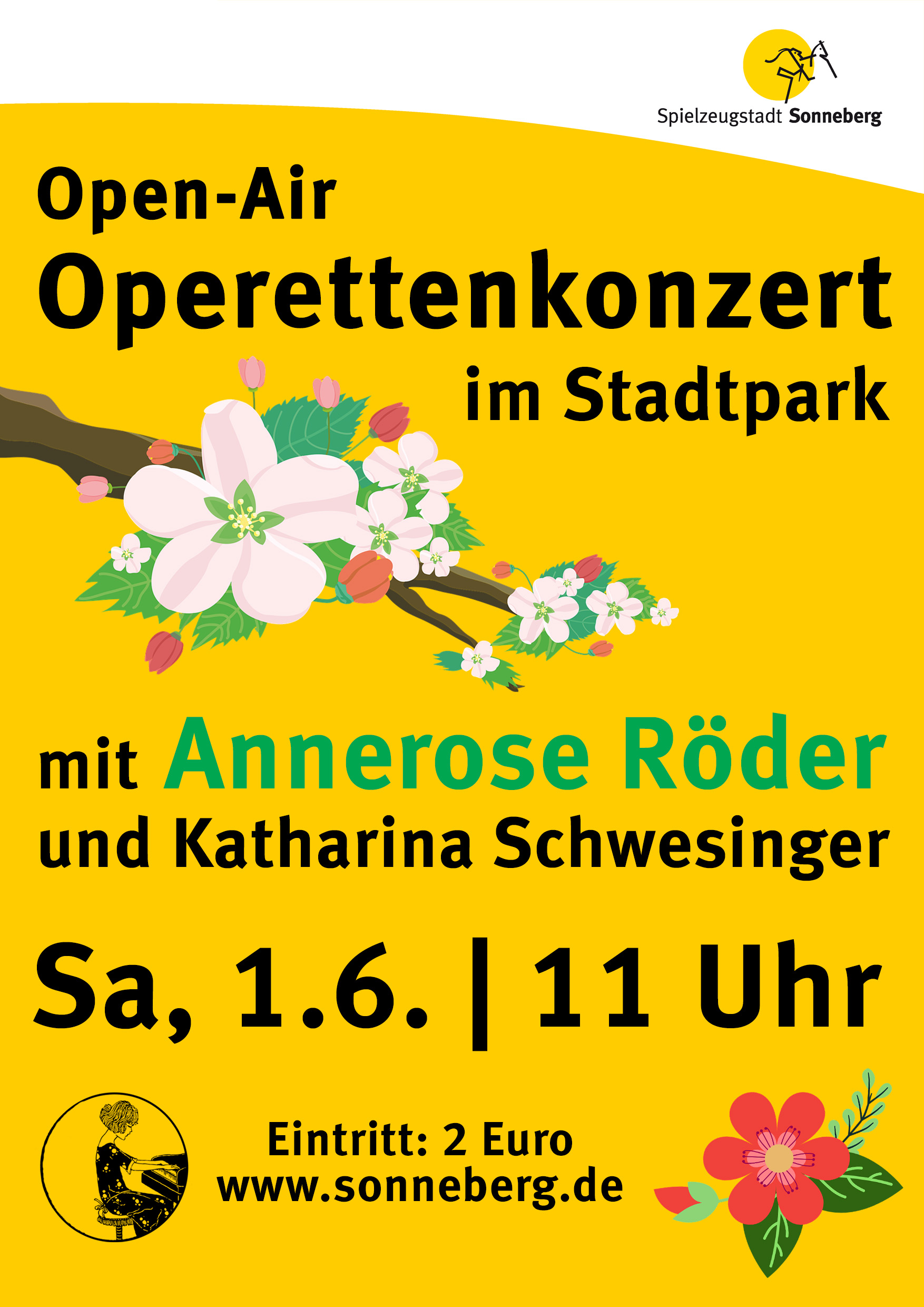 Eine gelbe Grafik mit der Aufschrift: Open-Air Operettenkonzert  im Stadtpark, 01.06.2024.
