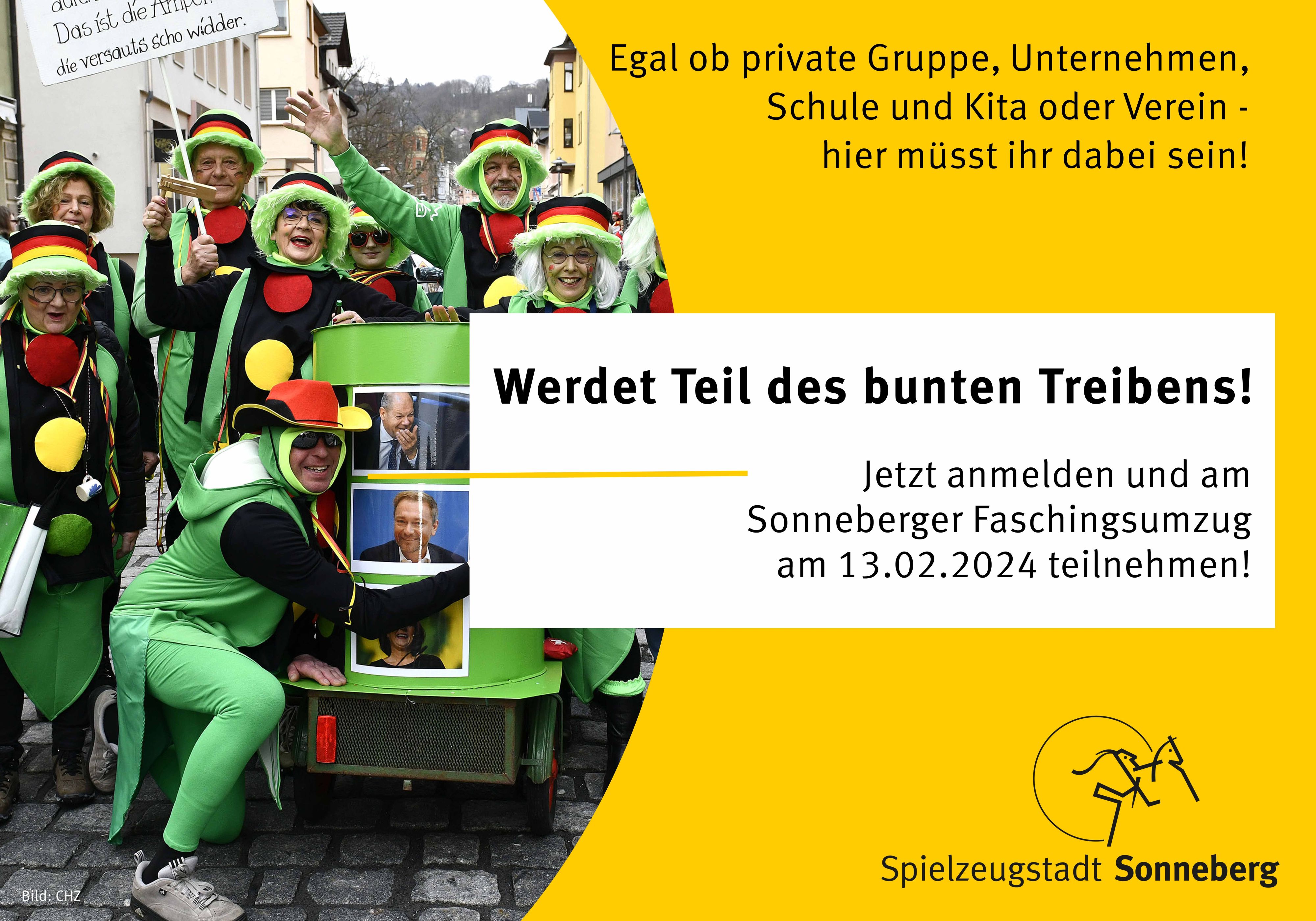 Eine gelbe Grafik mit der Aufschrift: Werdet Teil des bunten Treibens. Jetzt anmelden zum Sonneberger Faschingsumzug am 13.02.2024.