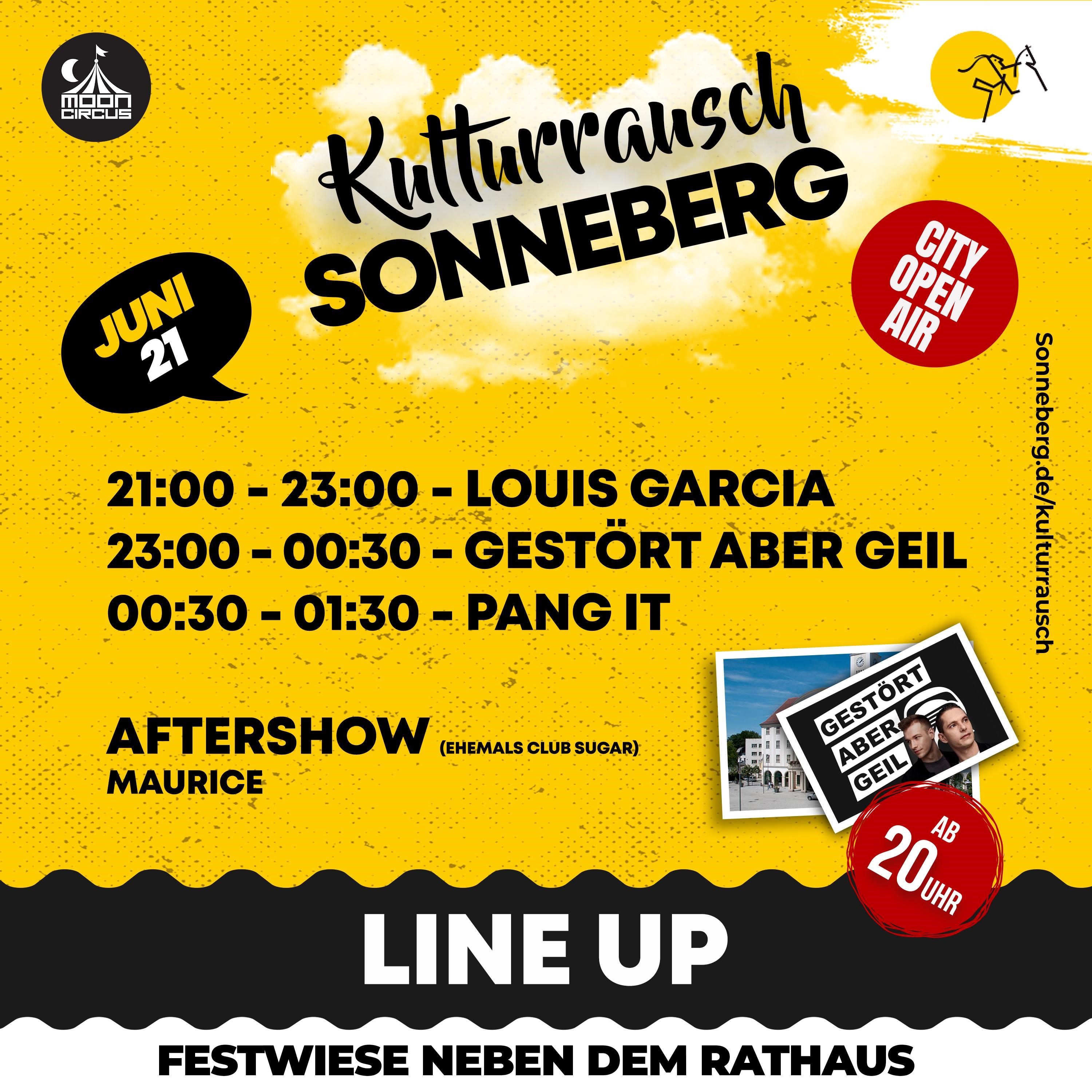Eine Gelbe Grafik zeigt das Line Up beim Kulturrausch Sonneberg am 21. Juni 2024.