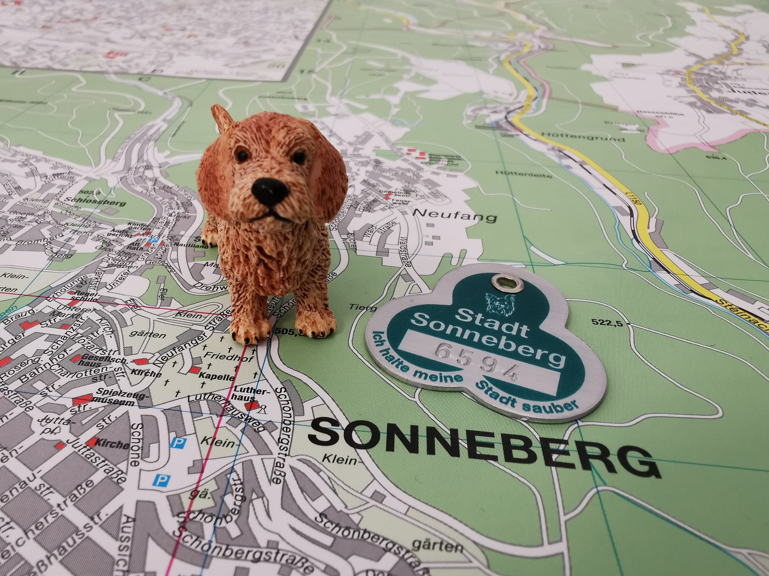 Eine Hundefigur und eine Hundemarke auf einer Stadtkarte von Sonneberg.